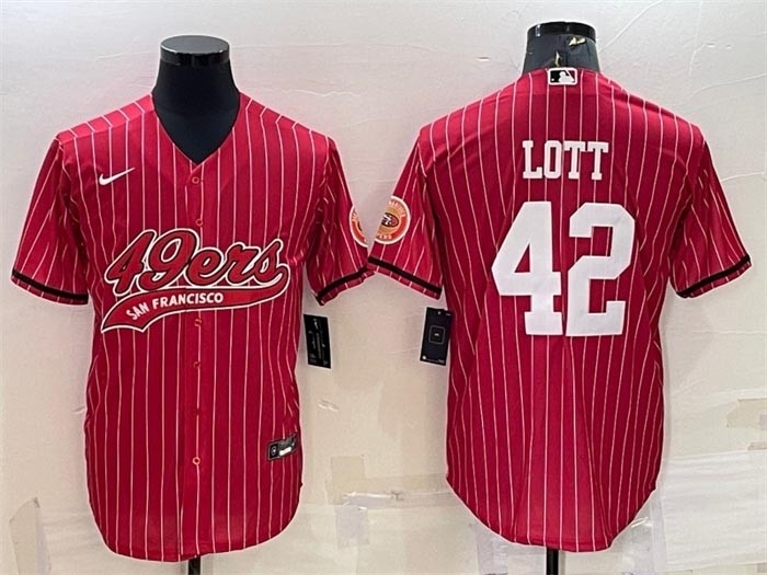 Men's San Francisco 49ers #42 Ronnie Lott Red Stripe With Patch Cool Base Stitched Baseball Jersey