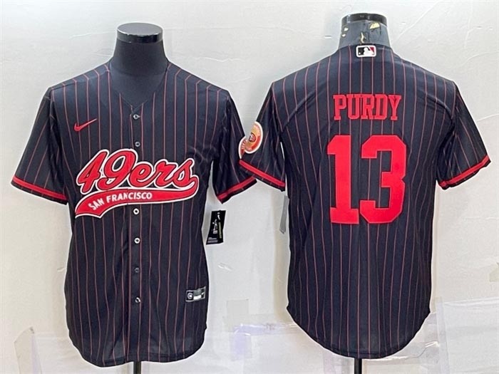 Men's San Francisco 49ers #13 Brock Purdy Black stripe With Patch Cool Base Stitched Baseball Jersey