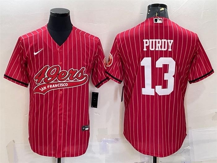 Men's San Francisco 49ers #13 Brock Purdy Red Stripe With Patch Cool Base Stitched Baseball Jersey