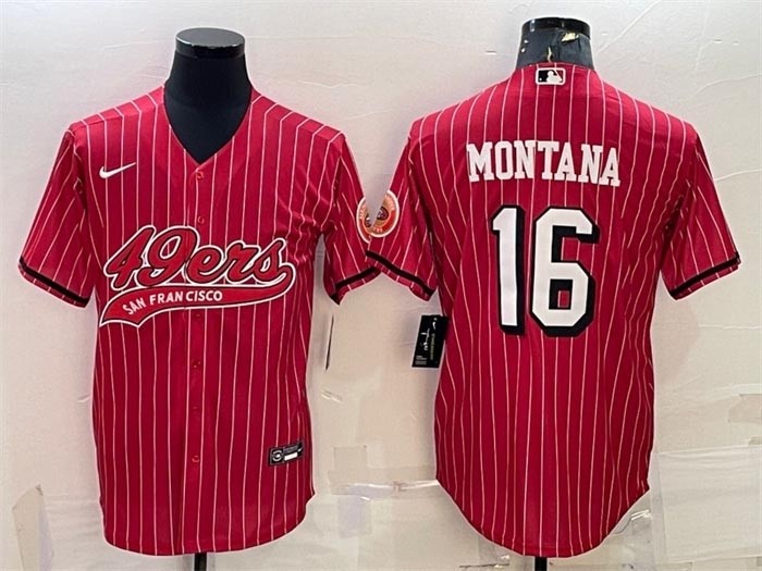 Men's San Francisco 49ers #16 Joe Montana Red stripe With Patch Cool Base Stitched Baseball Jersey