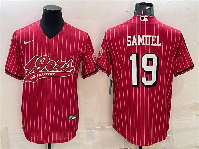 Men's San Francisco 49ers #19 Deebo Samuel Red stripe With Patch Cool Base Stitched Baseball Jersey