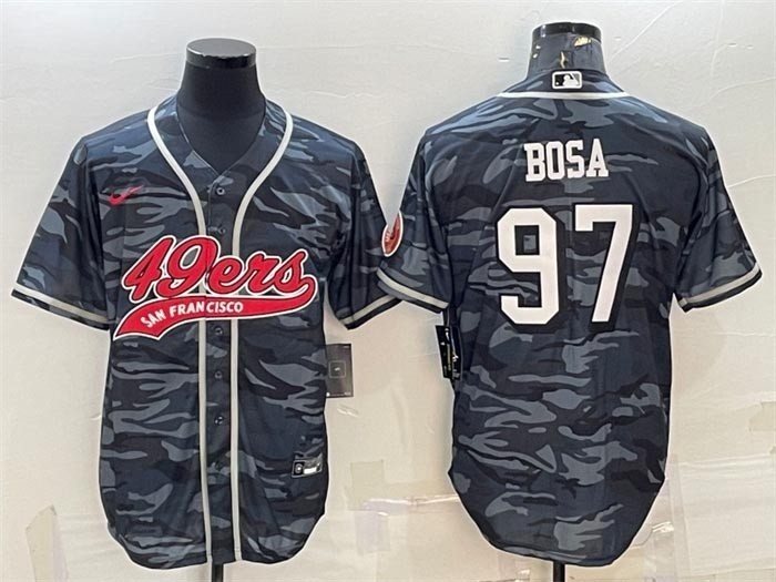 Men's San Francisco 49ers #97 Nick Bosa Grey Camo With Patch Cool Base Stitched Baseball Jersey