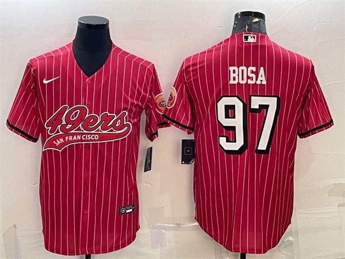 Men's San Francisco 49ers #97 Nick Bosa Red stripe With Patch Cool Base Stitched Baseball Jersey