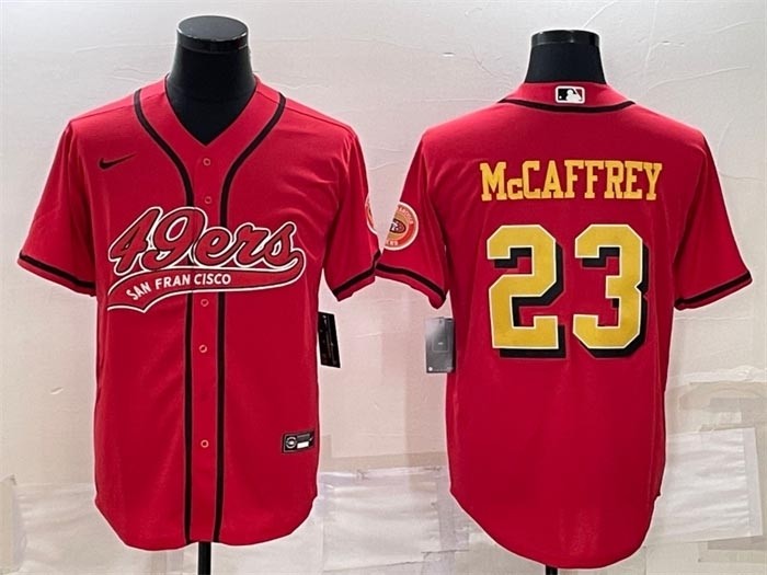 Men's San Francisco 49ers #23 Christian McCaffrey Red Gold With Patch Cool Base Stitched Baseball Jersey