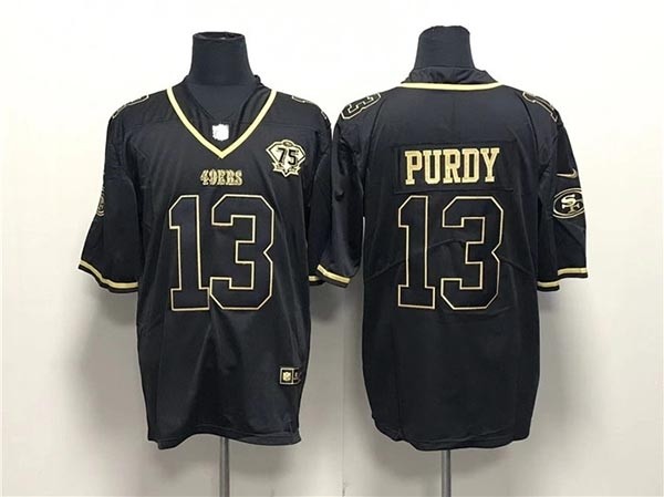 Men's San Francisco 49ers #13 Brock Purdy Black Gold With 75th Anniversary Patch Stitched Jersey