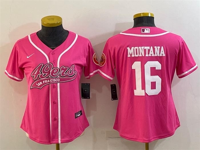 Women's San Francisco 49ers #16 Joe Montana Pink With Patch Cool Base Stitched Baseball Jersey(Run Small)