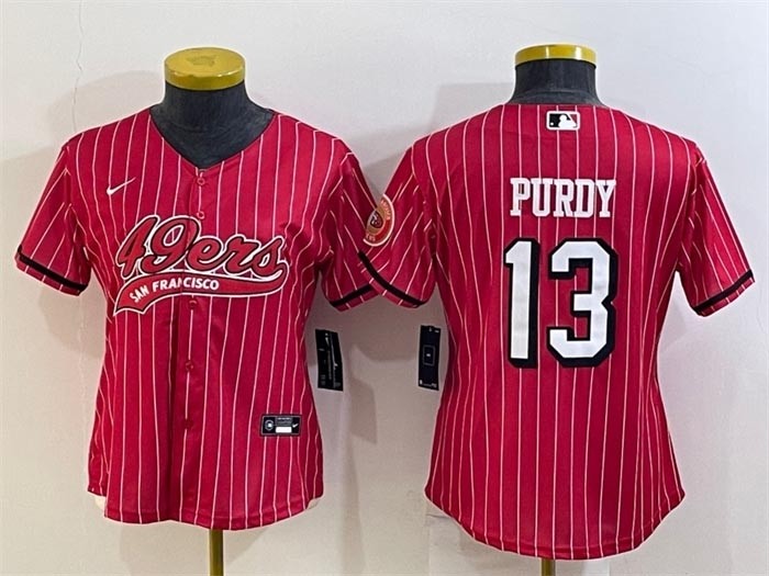 Women's San Francisco 49ers #13 Brock Purdy New Red Stripe With Patch Cool Base Stitched Baseball Jersey(Run Small)