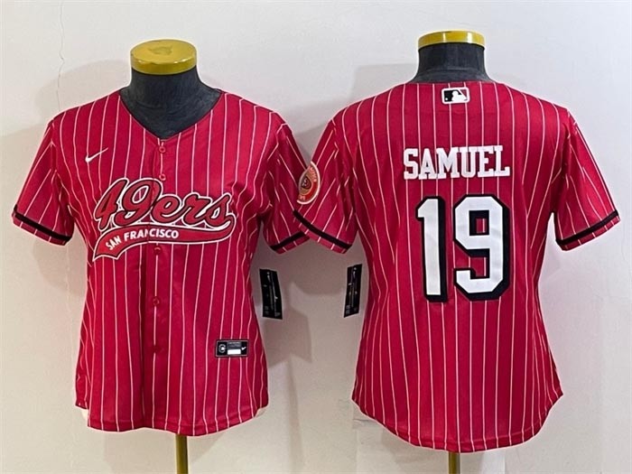 Women's San Francisco 49ers #19 Deebo Samuel New Red Stripe With Patch Cool Base Stitched Baseball Jersey(Run Small)