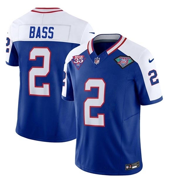 Men's Buffalo Bills #2 Tyler Bass Blue White 2023 F.U.S.E. 35th And 75th Patch Throwback Vapor Untouchable Limited Stitched Jersey