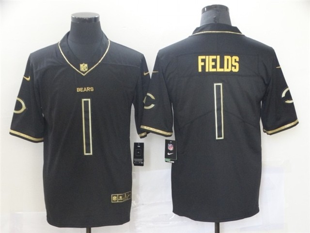 Chicago Bears #1 Justin Fields Black Gold Vapor Limited Jersey