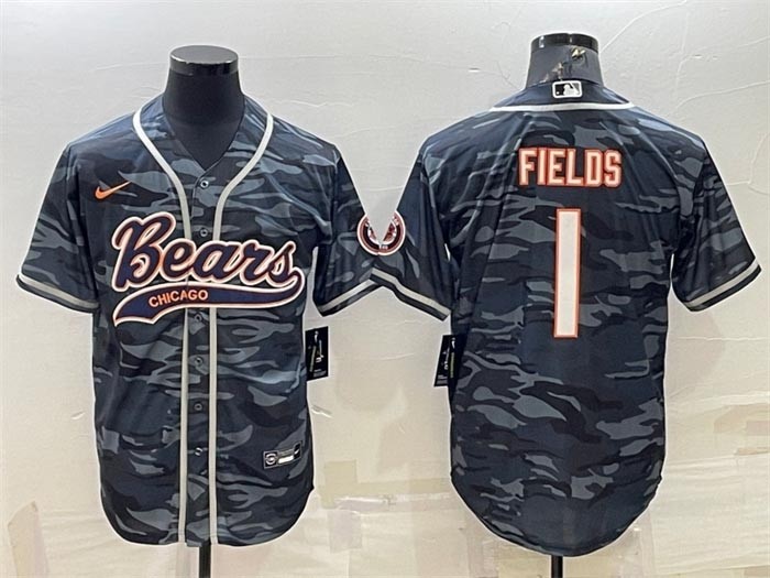 NFL Chicago Bears #1 Justin Fields Grey Camo With Patch Cool Base Stitched Baseball Jersey