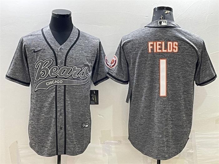 Men's Chicago Bears #1 Justin Fields Grey With Patch Cool Base Stitched Baseball Jersey