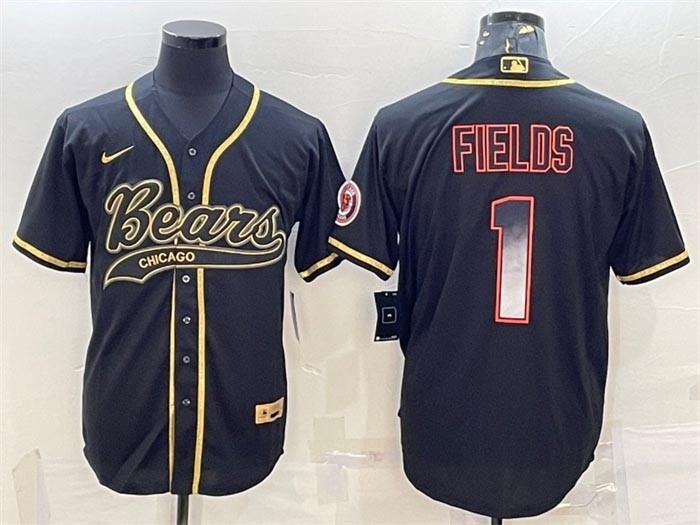 Men's Chicago Bears #1 Justin Fields Black Gold With Patch Cool Base Stitched Baseball Jersey