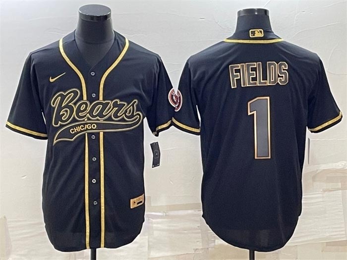 Men's Chicago Bears #1 Justin Fields Black Gold With Patch Cool Base Stitched Baseball Jersey