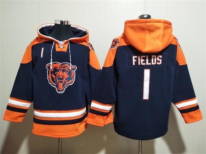 Men's Chicago Bears #1 Justin Fields Navy Ageless Must-Have Lace-Up Pullover Hoodie