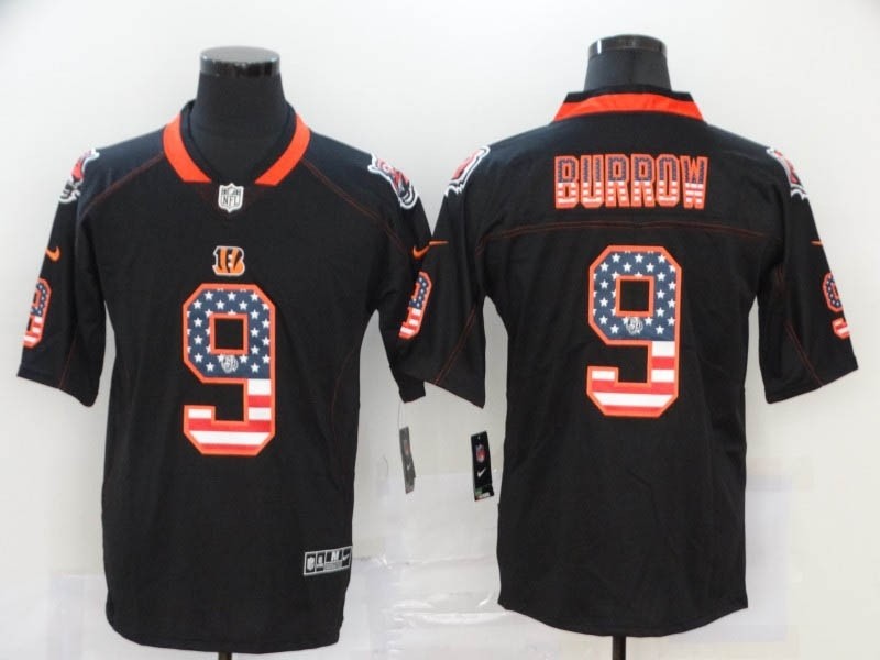 NFL Bengals #9 Joe Burrow Black Salute To Service USA Flag Fashion Limited Jersey