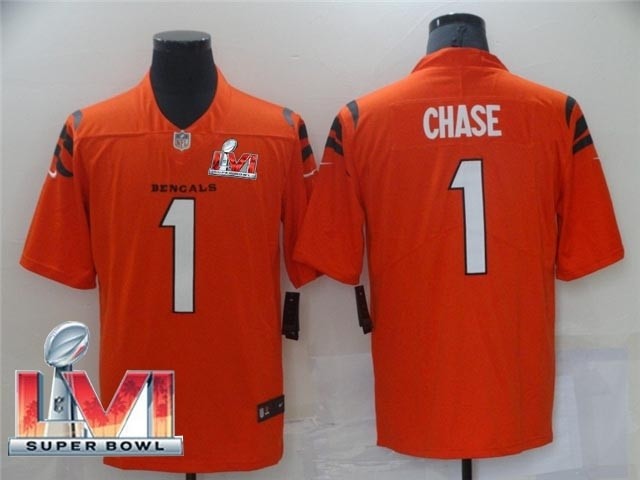 Men's Cincinnati Bengals #1 Ja'Marr Chase 2022 Orange Super Bowl LVI Vapor Limited Stitched Jersey