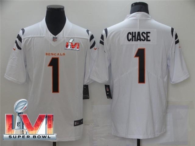 Men's Cincinnati Bengals #1 Ja'Marr Chase 2022 White Super Bowl LVI Vapor Limited Stitched Jersey