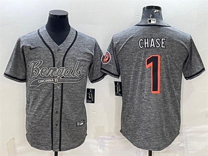 Men's Cincinnati Bengals #1 Ja'Marr Chase Grey With Patch Cool Base Stitched Baseball Jersey