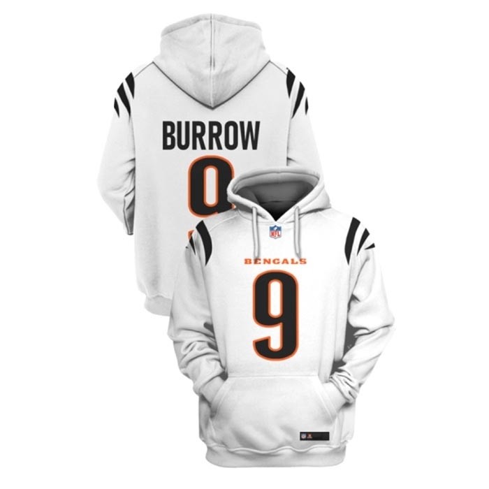 Men's Cincinnati Bengals #9 Joe Burrow 2021 White Pullover Hoodie