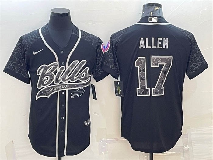 Men's Buffalo Bills #17 Josh Allen Black Reflective With Patch Cool Base Stitched Baseball Jersey