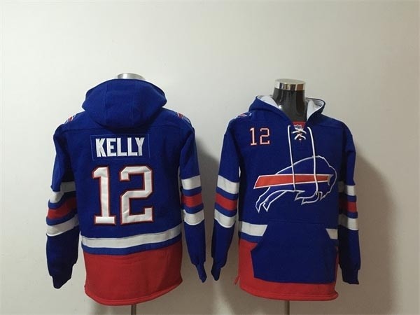 Men's Buffalo Bills #12 Jim Kelly Royal Ageless Must-Have Lace-Up Pullover Hoodie