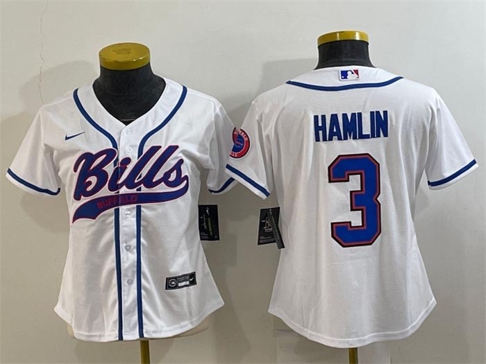 Women's Buffalo Bills #3 Damar Hamlin White With Patch Cool Base Stitched Baseball Jersey(Run Small)