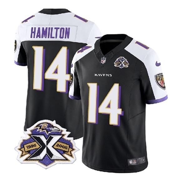 Men's Baltimore Ravens #14 Kyle Hamilton Black White 2023 F.U.S.E With Patch Throwback Vapor Limited Jersey