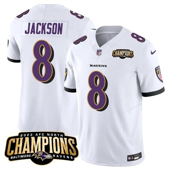 Men's Baltimore Ravens #8 Lamar Jackson White 2023 F.U.S.E. AFC North Champions Vapor Limited Football Jersey