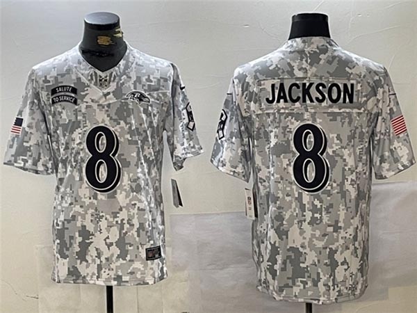 Men's Baltimore Ravens #8 Lamar Jackson Arctic Camo 2024 Salute To Service Limited Jersey