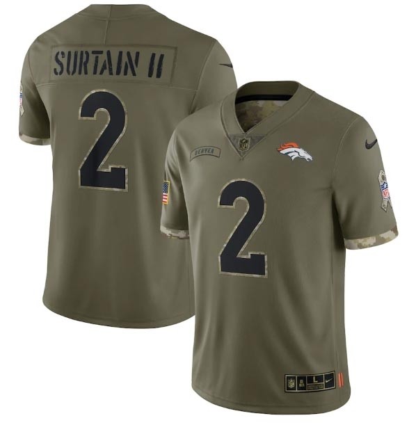 Men's Denver Broncos #2 Pat Surtain II Olive 2022 Salute To Service Limited Stitched Jersey