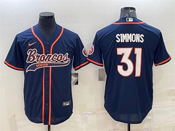 Men's Denver Broncos #31 Justin Simmons Navy With Patch Cool Base Stitched Baseball Jersey