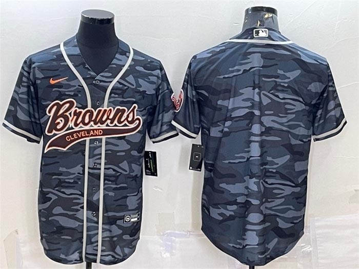 Men's Cleveland Browns Blank Grey Camo With Patch Cool Base Stitched Baseball Jersey