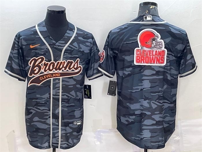 Men's Cleveland Browns Grey Camo Team Big Logo With Patch Cool Base Stitched Baseball Jersey