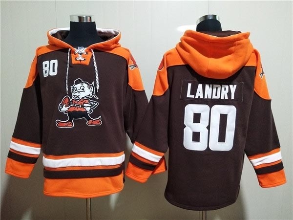 Men's Cleveland Browns #80 Jarvis Landry Brown Lace-Up Pullover Hoodie