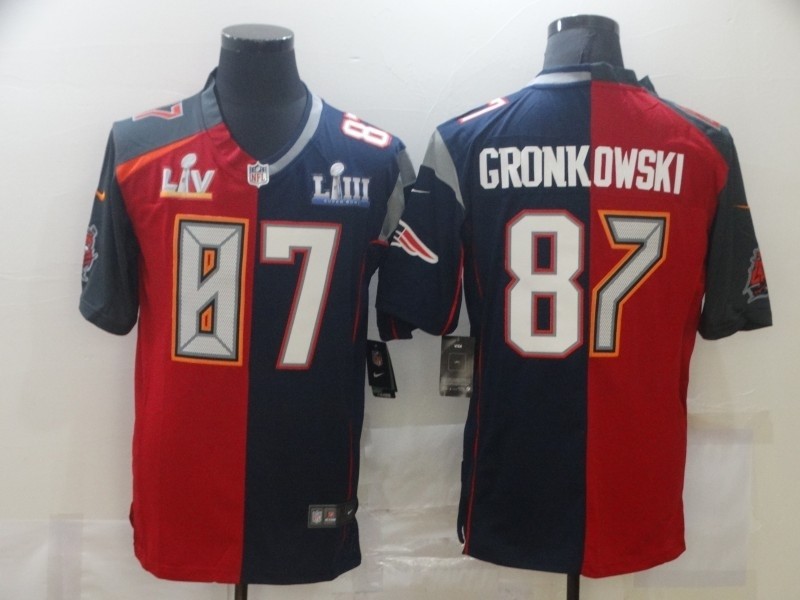 Nike Buccaneers & Patriots #87 Rob Gronkowski Men's Red Navy Blue Limited NFL 2020-2021 super bowl Jersey