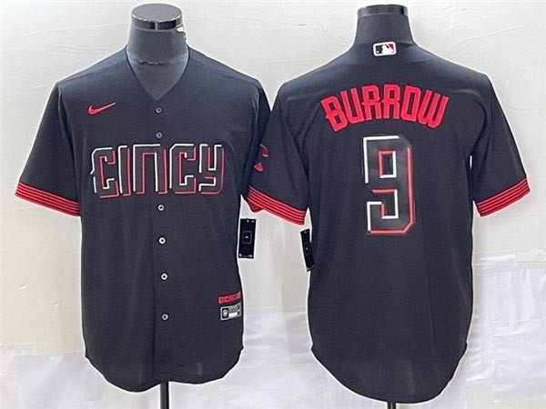 Men's Cincinnati Bengals x Reds #9 Joe Burrow Black 2023 City Connect Jersey