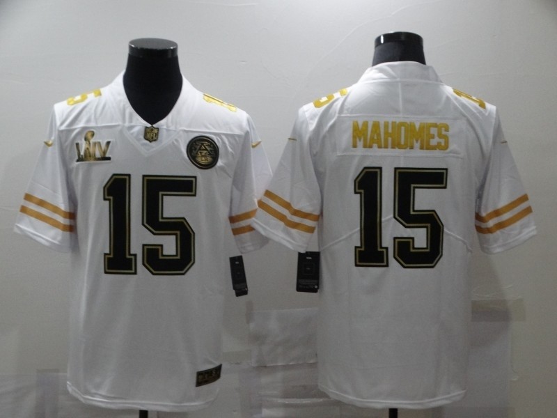 Nike Chiefs #15 Patrick Mahomes White Gold 2020 Super Bowl LIIV Vapor Untouchable Limited Jersey