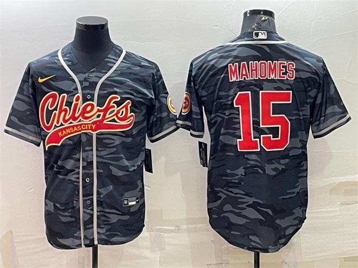 NFL Kansas City Chiefs Blank #15 Patrick Mahomes Grey Navy Camo With Patch Cool Base Stitched Baseball Jersey