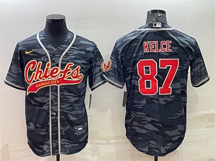 NFL Kansas City Chiefs Blank #87 Travis Kelce Grey Navy Camo With Patch Cool Base Stitched Baseball Jersey