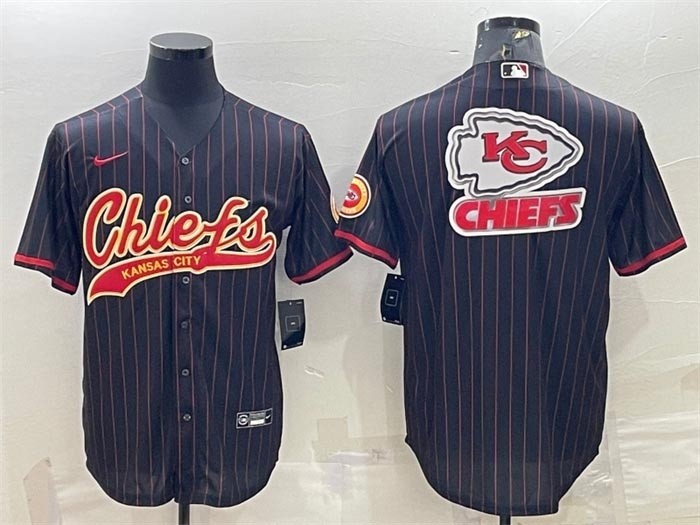 Men's Kansas City Chiefs Black Stripe Team Big Logo With Patch Cool Base Stitched Baseball Jersey