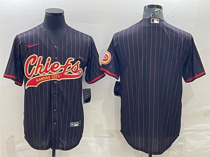 Men's Kansas City Chiefs Blank Black Stripe With Patch Cool Base Stitched Baseball Jersey