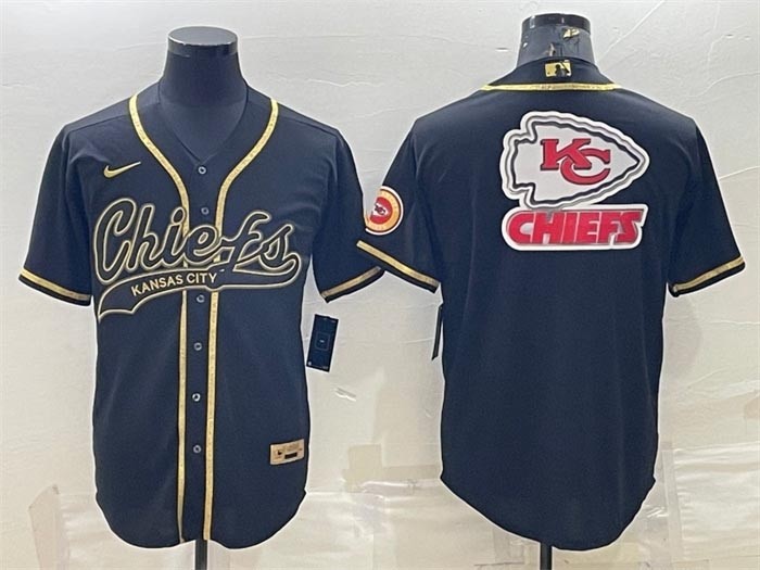 Men's Kansas City Chiefs Black Gold Team Big Logo With Patch Cool Base Stitched Baseball Jersey