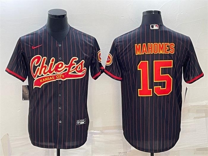 Men's Kansas City Chiefs #15 Patrick Mahomes Black Stripe With Patch Cool Base Stitched Baseball Jersey