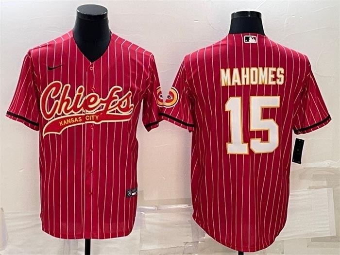 Men's Kansas City Chiefs #15 Patrick Mahomes Red Stripe With Patch Cool Base Stitched Baseball Jersey