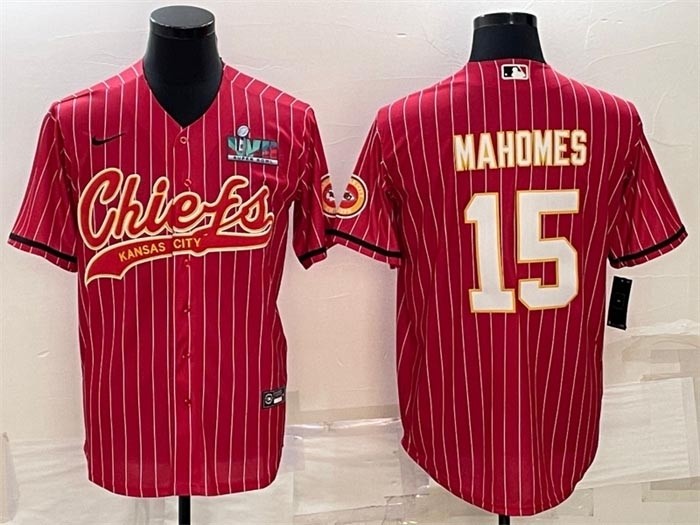 Men's Kansas City Chiefs #15 Patrick Mahomes Red With Super Bowl LVII Patch Cool Base Stitched Baseball Jersey