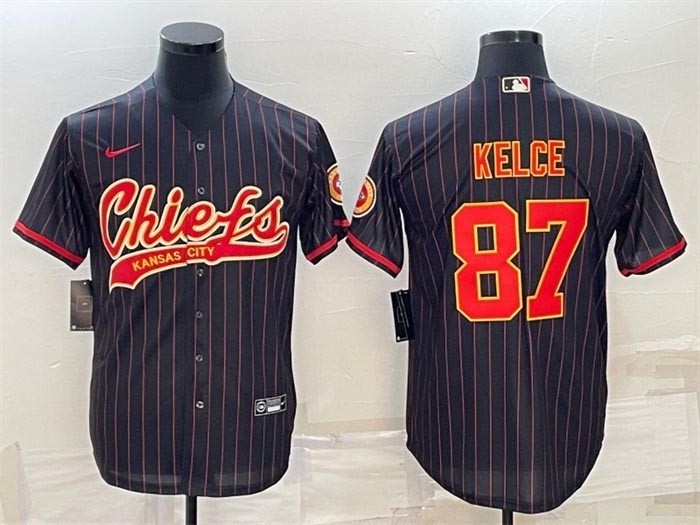 Men's Kansas City Chiefs #87 Travis Kelce Black Stripe With Patch Cool Base Stitched Baseball Jersey