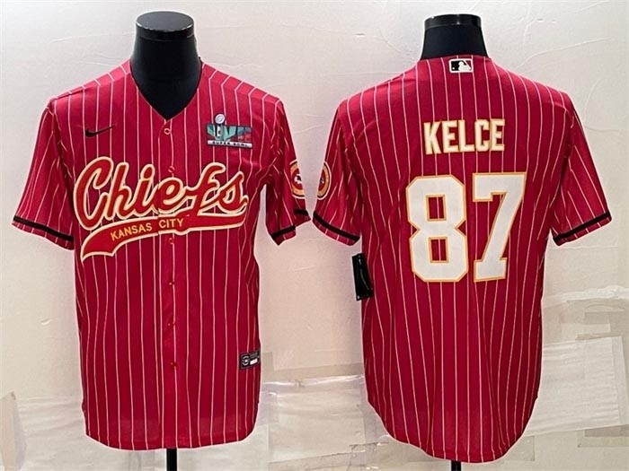 Men's Kansas City Chiefs #87 Travis Kelce Red With Super Bowl LVII Patch Cool Base Stitched Baseball Jersey