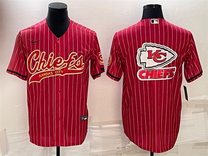 Men's Kansas City Chiefs Red Stripe Team Big Logo With Patch Cool Base Stitched Baseball Jersey