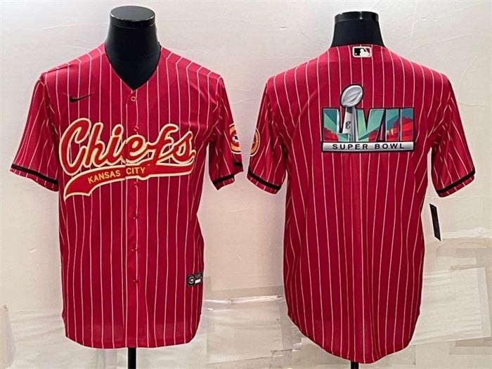 Men's Kansas City Chiefs Red Stripe With Super Bowl LVII Big Logo Cool Base Stitched Baseball Jersey